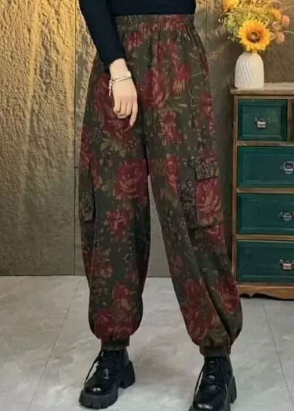Plus Size Coffee Pockets Print Elastic Waist Cotton Pants Spring Sale - Image 2