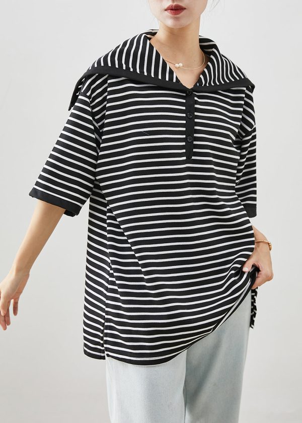 Art Black Sailor Collar Striped Cotton Top Half Sleeve Sale