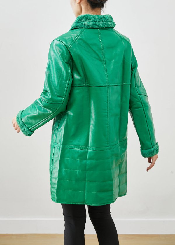 Natural Green Zip Up Patchwork Duck Down Faux Leather Coats Winter For Discount - Image 4