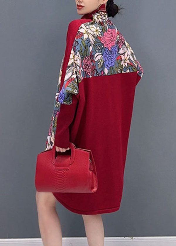 Fashion Red Print Knit Patchwork Tops Long Sleeve on Sale - Image 5