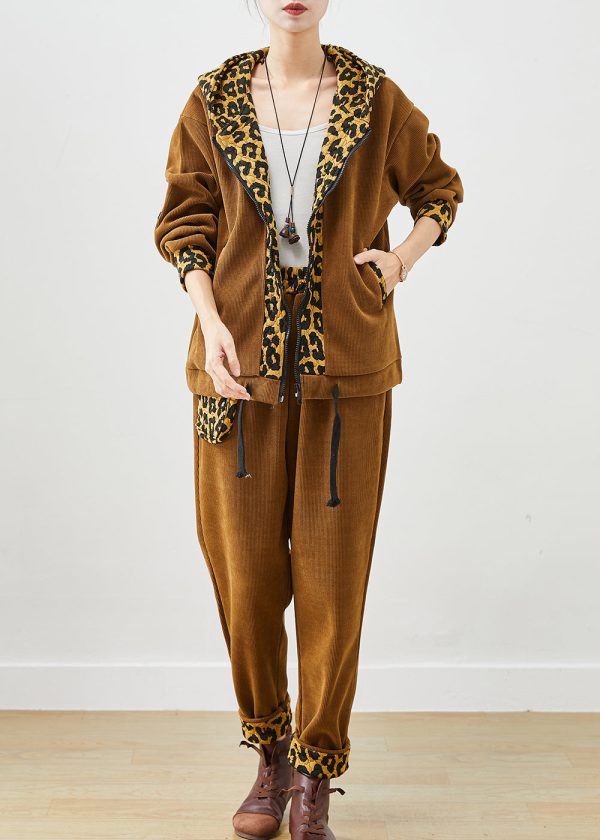 DIY Khaki Leopard Patchwork Drawstring Warm Fleece Two Pieces Set Winter For Sale - Image 3