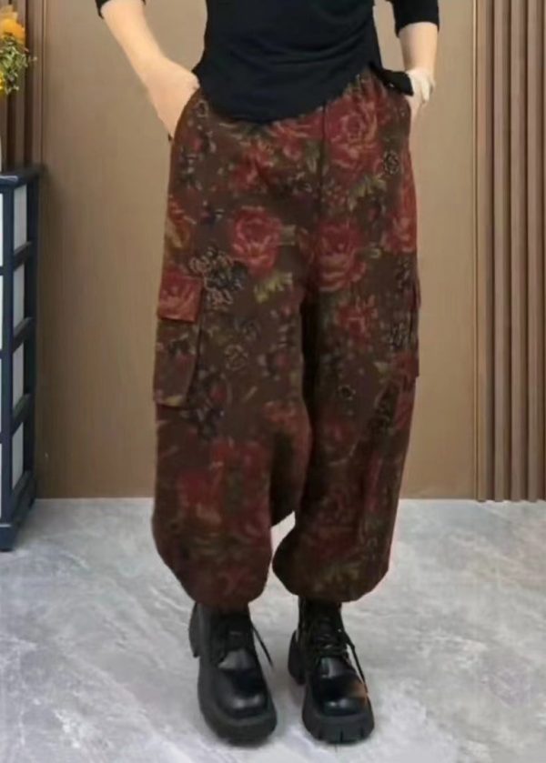 Plus Size Coffee Pockets Print Elastic Waist Cotton Pants Spring Sale