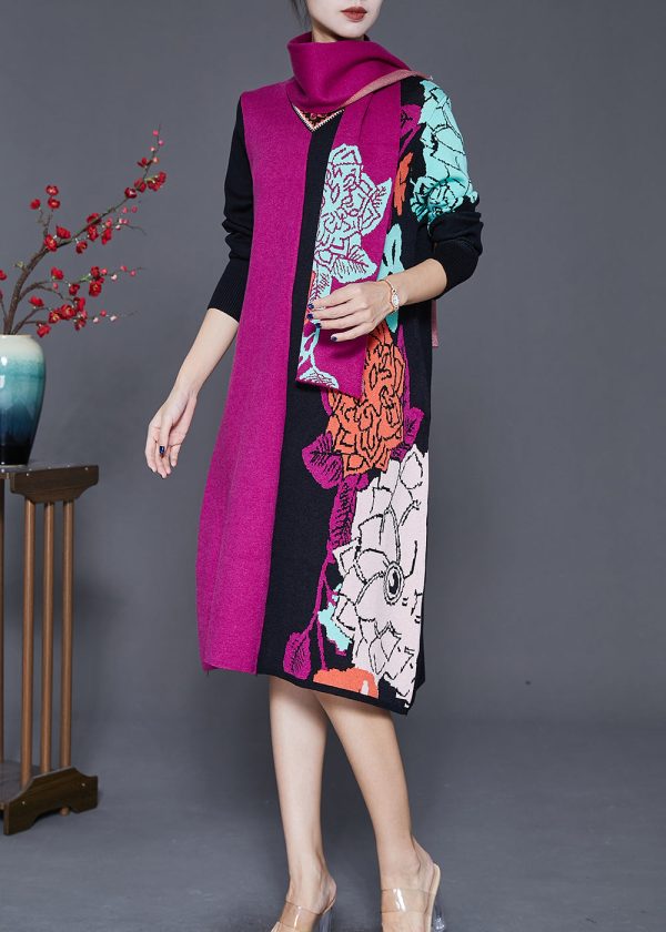 Unique Purple Black Print Patchwork Complimentary Scarf Knit Sweater Dress Fall Online now - Image 3
