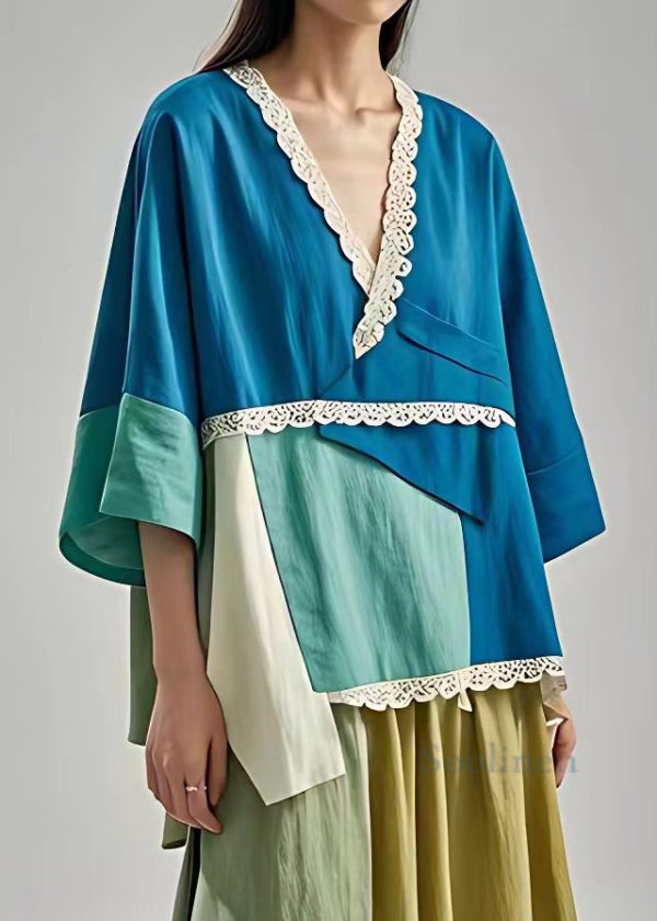 Unique Blue V Neck Patchwork Cotton Blouses Half Sleeve Hot on Sale - Image 2