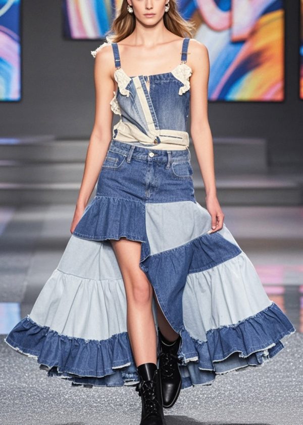 Modern Colorblock Ruffled Patchwork Denim A Line Skirt Spring Online Hot Sale