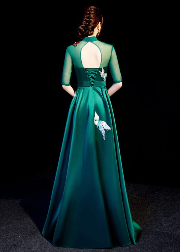 Art Blackish Green Stand Collar Embroidered Patchwork Ankle Dress Summer Online Sale - Image 5