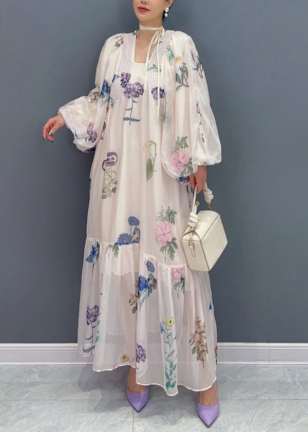 Bohemian White Print Chiffon Long Dresses Lantern Sleeve Cheap - Image 3