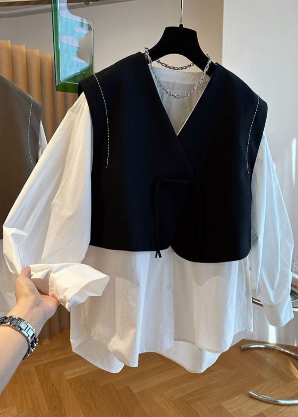 Loose Khaki V Neck Patchwork Button Low High Design Top Fall Cheap - Image 4