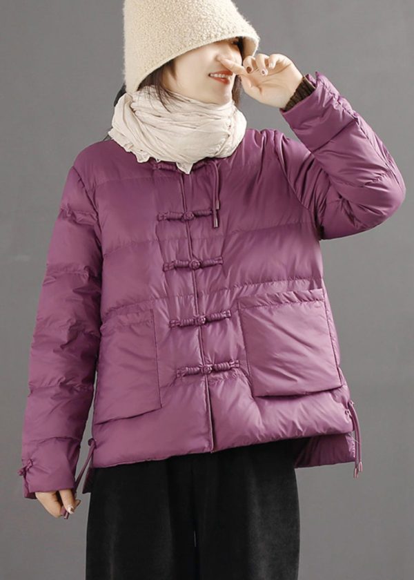 Classy Purple Chinese Button Duck Down Puffer Jacket Winter For Cheap - Image 2