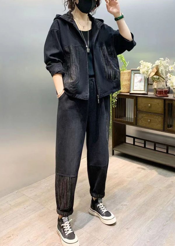 Black Patchwork Denim Two Piece Set Tops And Pants Fall For Discount - Image 3