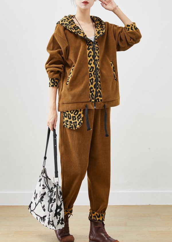 DIY Khaki Leopard Patchwork Drawstring Warm Fleece Two Pieces Set Winter For Sale - Image 2