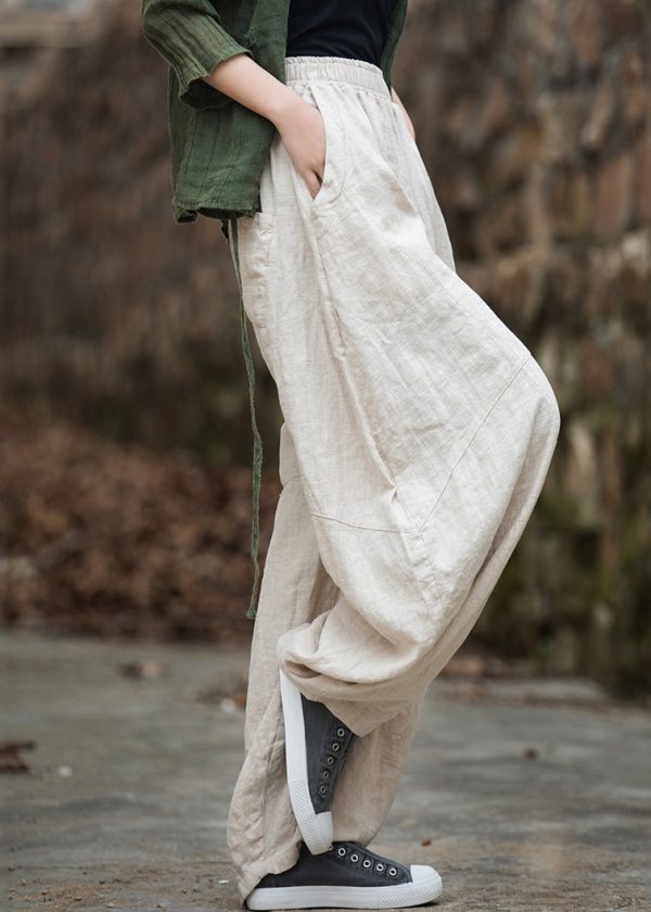 Beige Pockets Patchwork Linen Lantern  Pants Elastic Waist Fall Online Hot Sale - Image 3