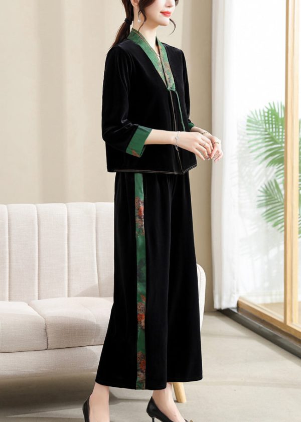 Elegant Black V Neck Print Silk Patchwork Velour Top And Wide Leg Pants Two Piece Set Long Sleeve Discount - Image 4