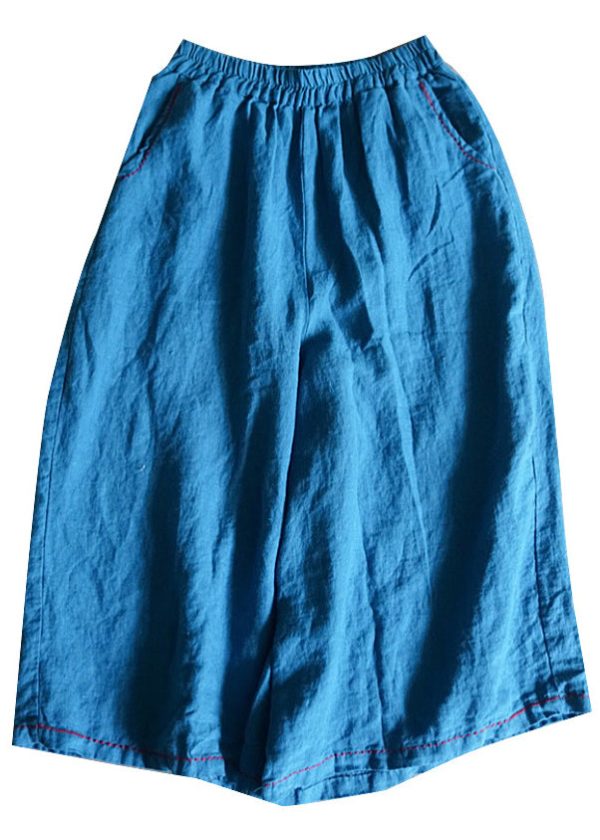 Casual Blue Pockets Solid Linen Wide Leg Pants Summer Supply - Image 5