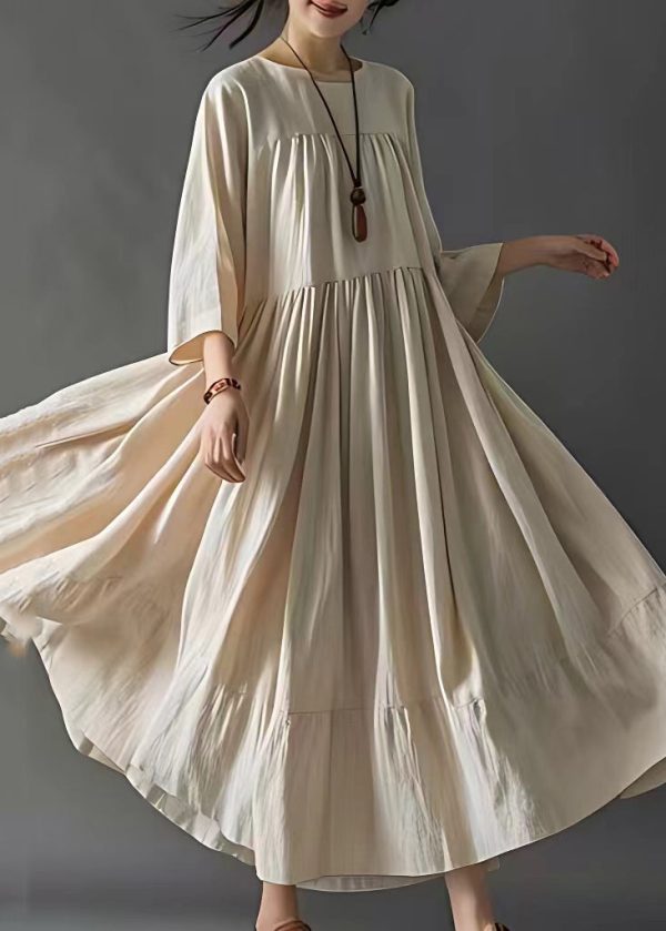 Art Beige Wrinkled Solid Cotton Long Dresses Bracelet Sleeve Supply
