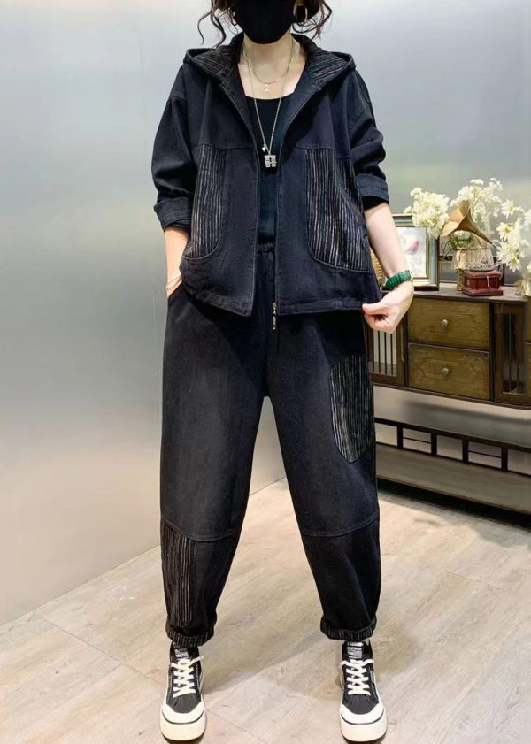 Black Patchwork Denim Two Piece Set Tops And Pants Fall For Discount